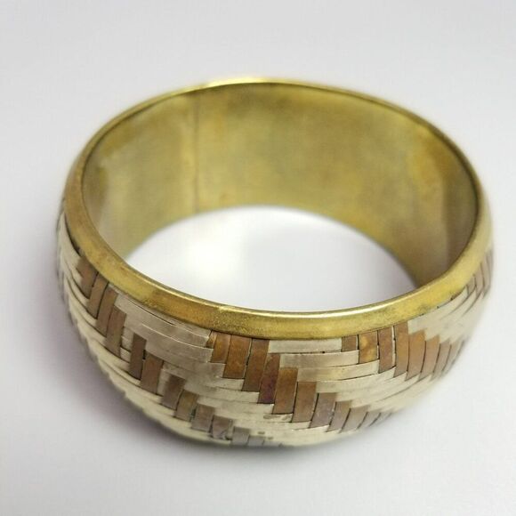 Vintage Braided Woven Mixed Metal Wide Bangle Bracelet, Striped Pattern, Estate - Picture 3 of 6